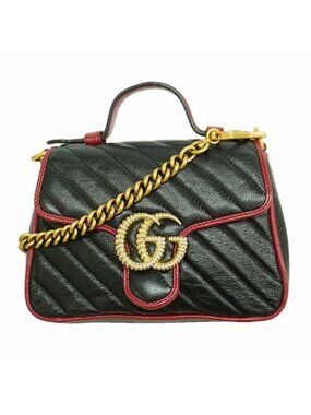 Gucci Handbag GG Marmont Leather Black Red Gold 2-Way Bag